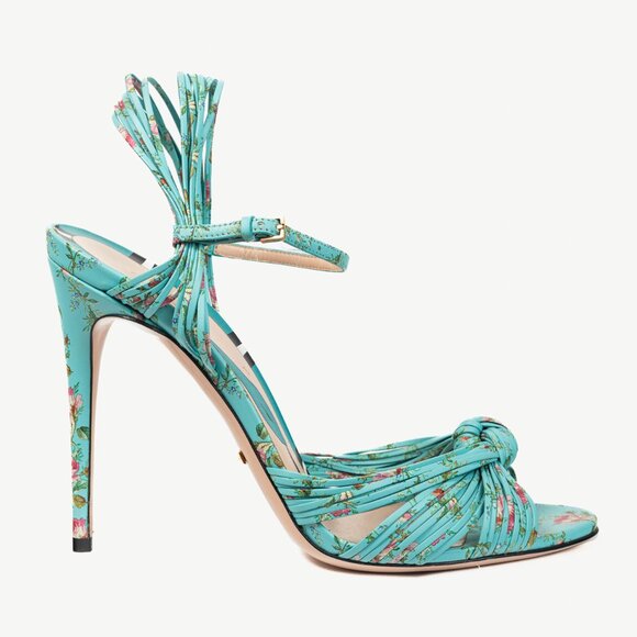 Gucci Allie Light-Blue Floral-Print Leather Knotted High-Heel Sandals - Picture 1 of 11